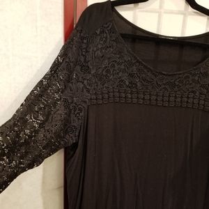 Black Scoop Neck Top with Sheer Lace Long Sleeves Size 3X